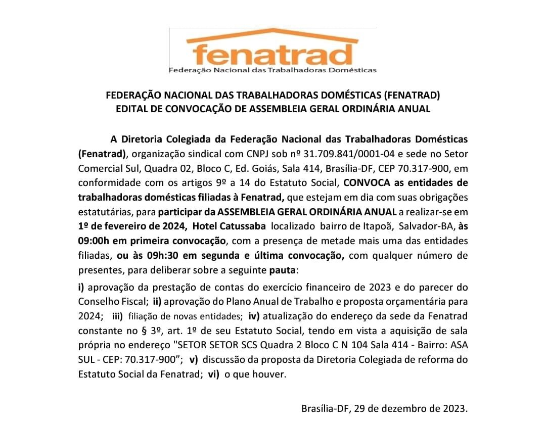 FENATRAD convoca para Assembleia Geral