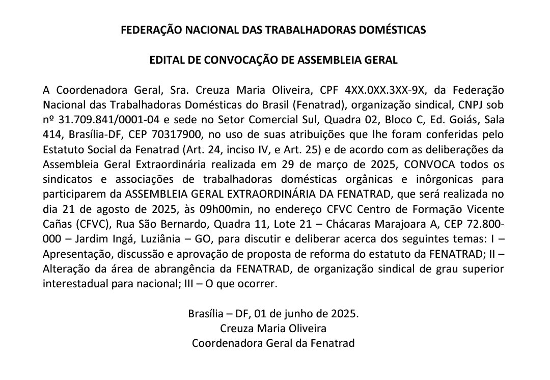 FEDERAÇÃO NACIONAL DAS TRABALHADORAS DOMÉSTICAS – EDITAL DE CONVOCAÇÃO DE ASSEMBLEIA GERAL
