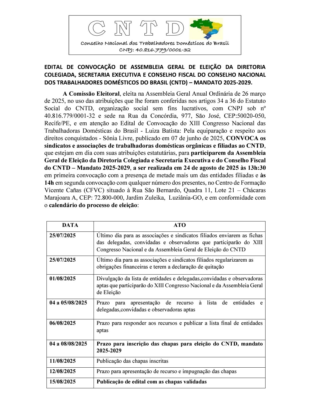 Edital de convocação de Assembleia Geral do CNTD