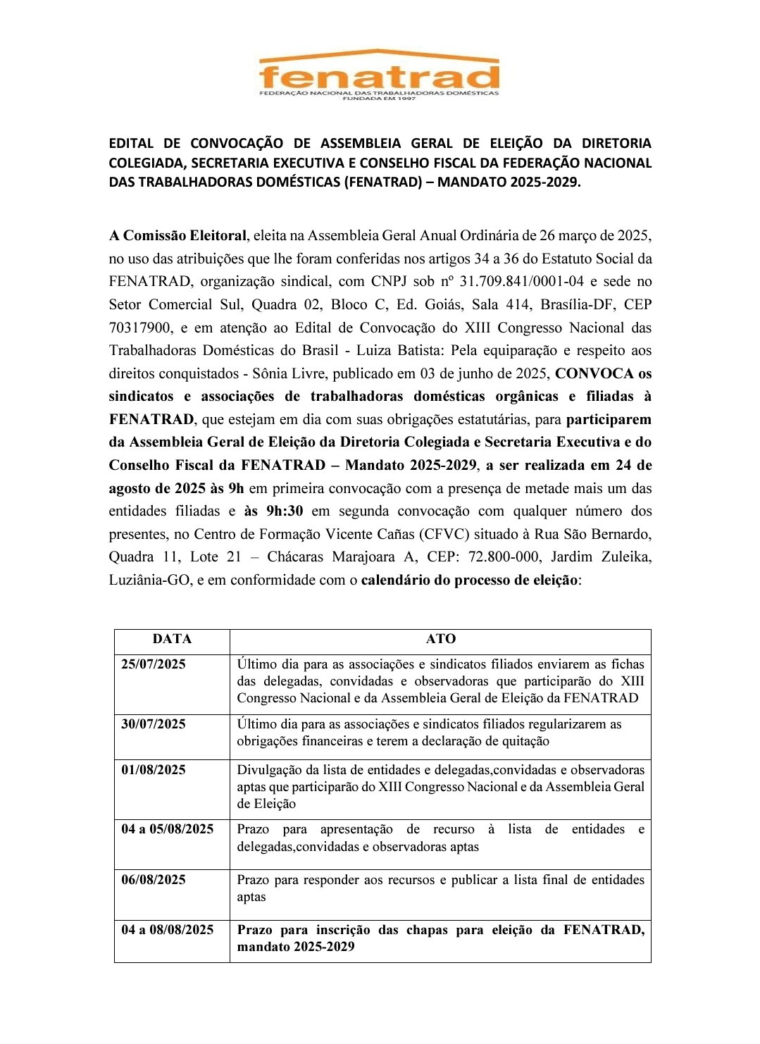 Edital de convocação de Assembleia Geral da FENATRAD