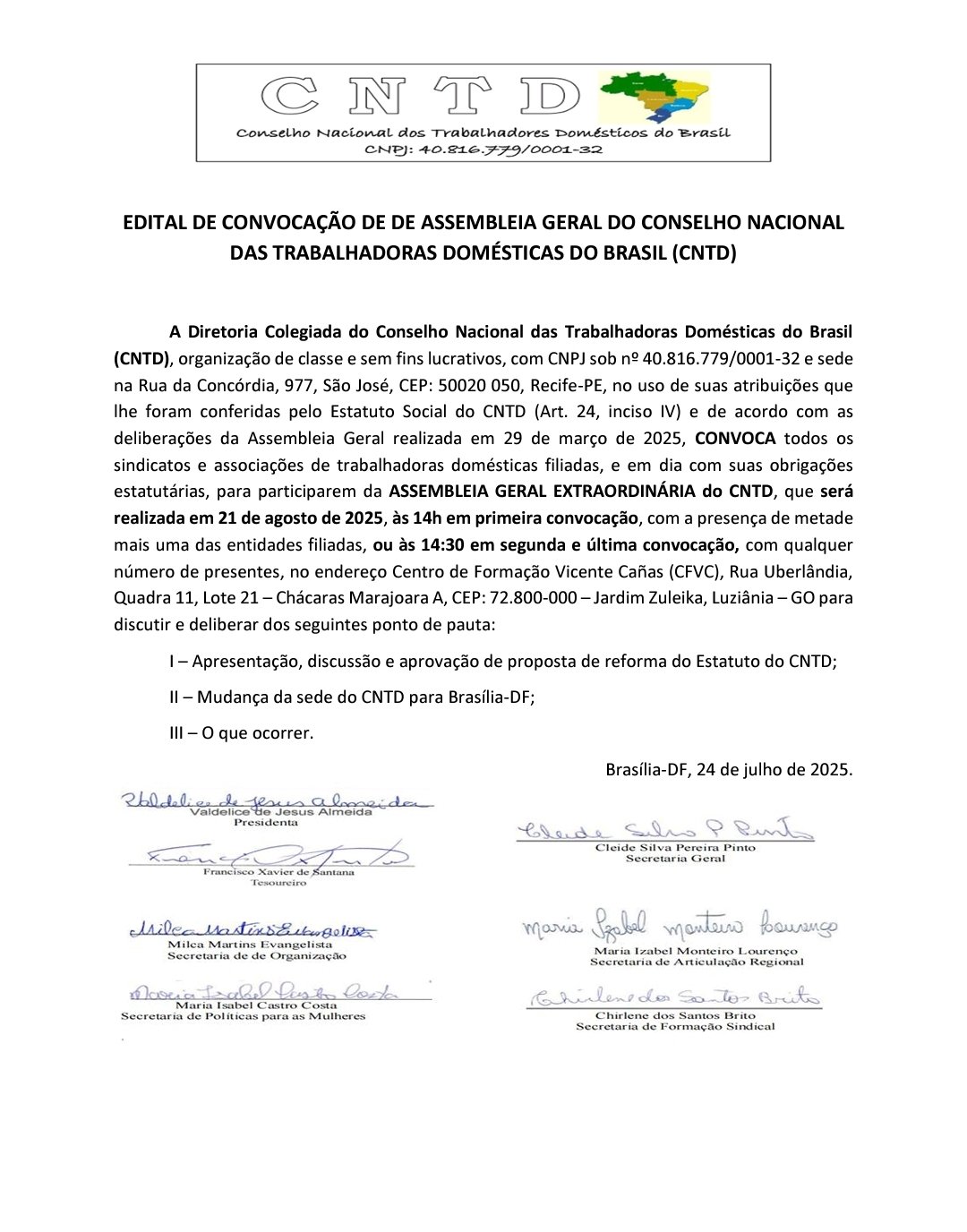Edital de convocação de Assembleia Geral do Conselho Nacional das Trabalhadoras Domésticas do Brasil (CNTD)