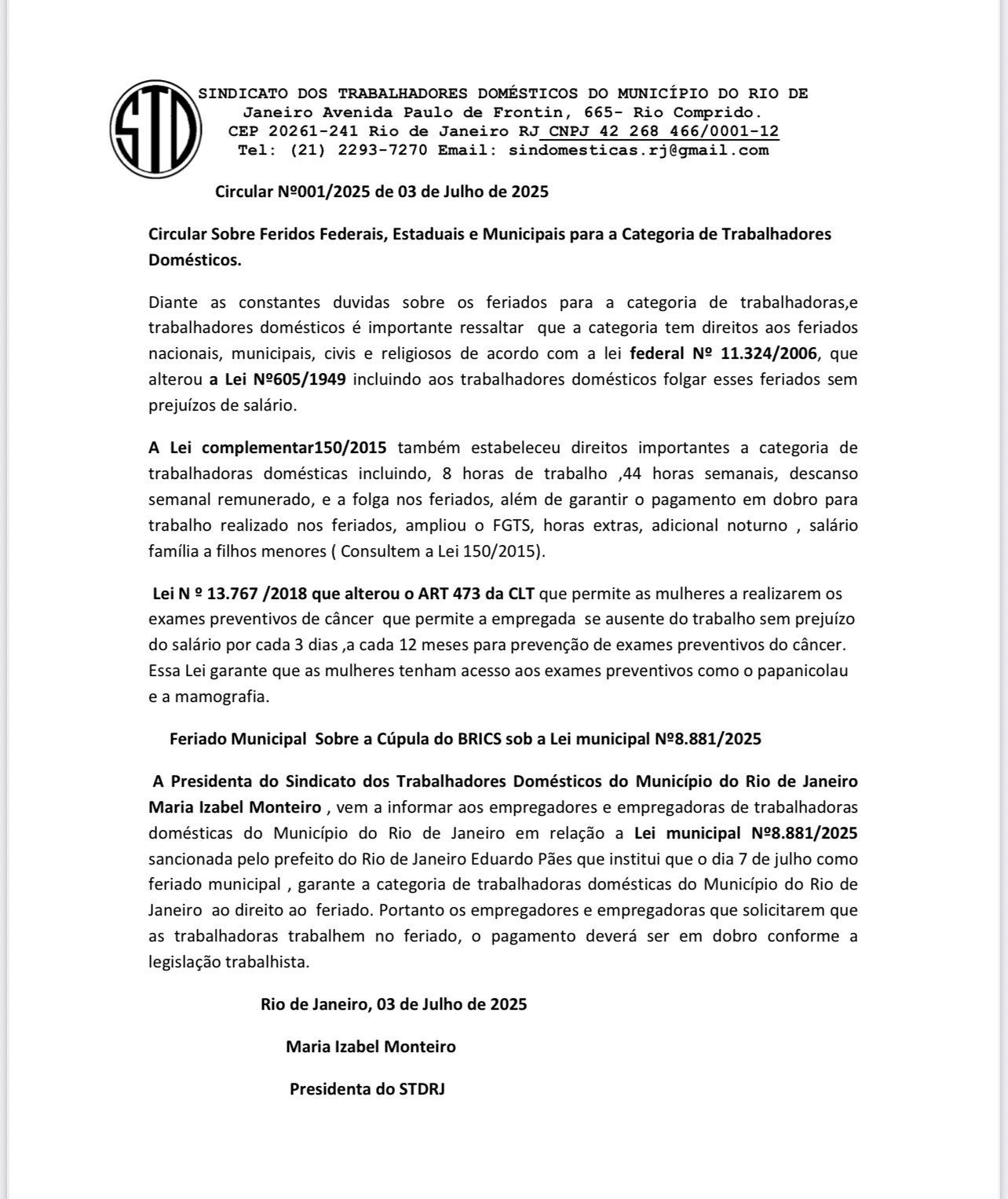 Sindicato do RJ reforça direitos das trabalhadoras domésticas em feriados na capital