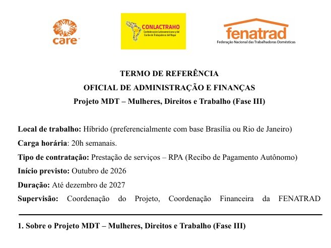 Fenatrad abre seleção para Oficial de Administração e Finanças e apoio à execução do Projeto MDT – Mulheres, Direitos e Trabalho (Fase III)